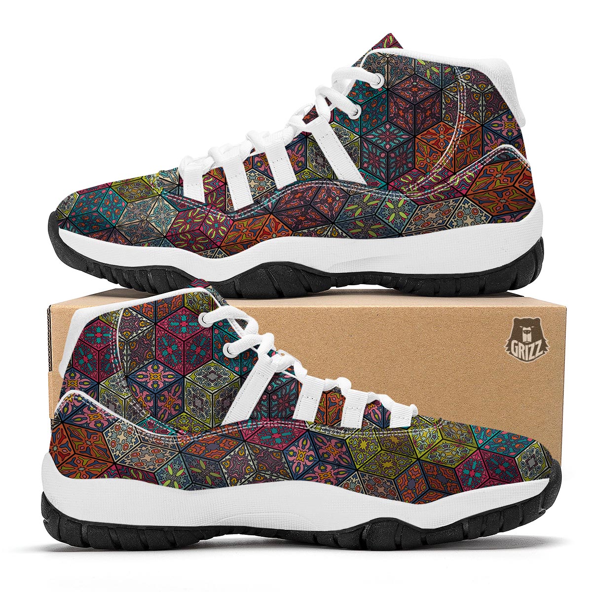 Patchwork Print Pattern White Bball Shoes-grizzshop