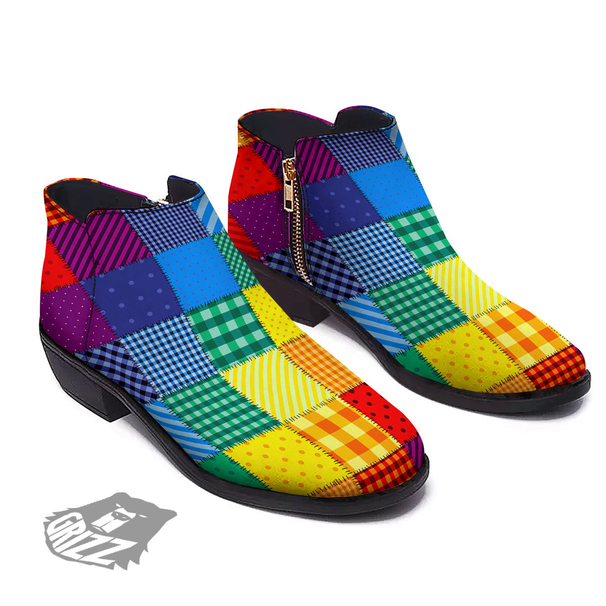 Patchwork Rainbow Print Pattern Ankle Boots-grizzshop