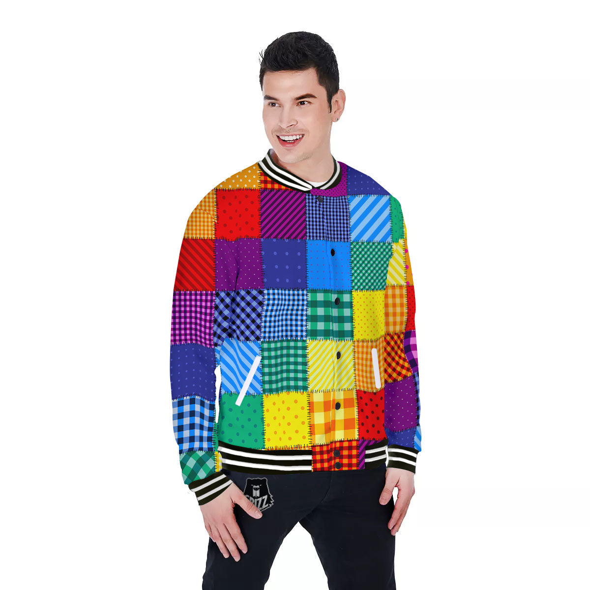 Patchwork Rainbow Print Pattern Baseball Jacket-grizzshop