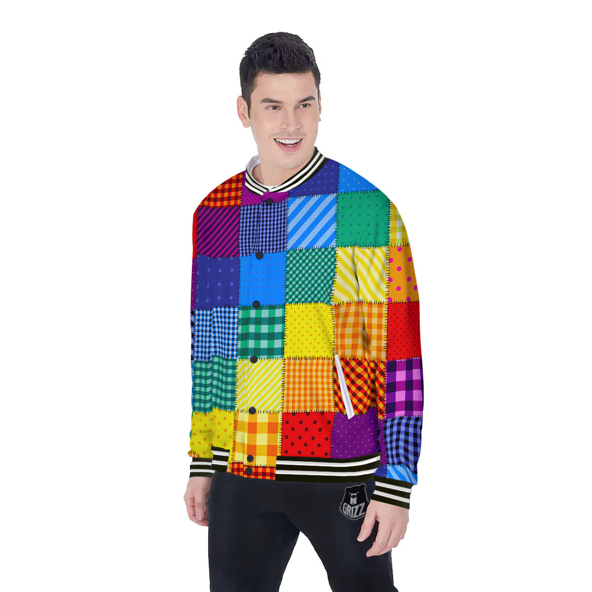 Patchwork Rainbow Print Pattern Baseball Jacket-grizzshop