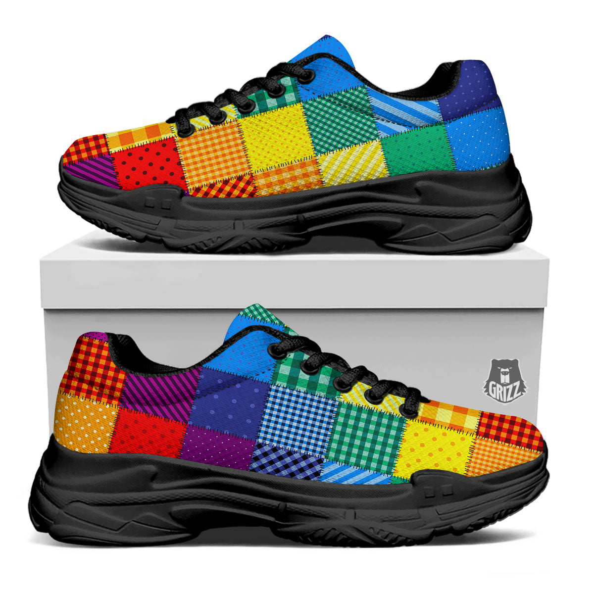 Patchwork Rainbow Print Pattern Black Chunky Shoes-grizzshop
