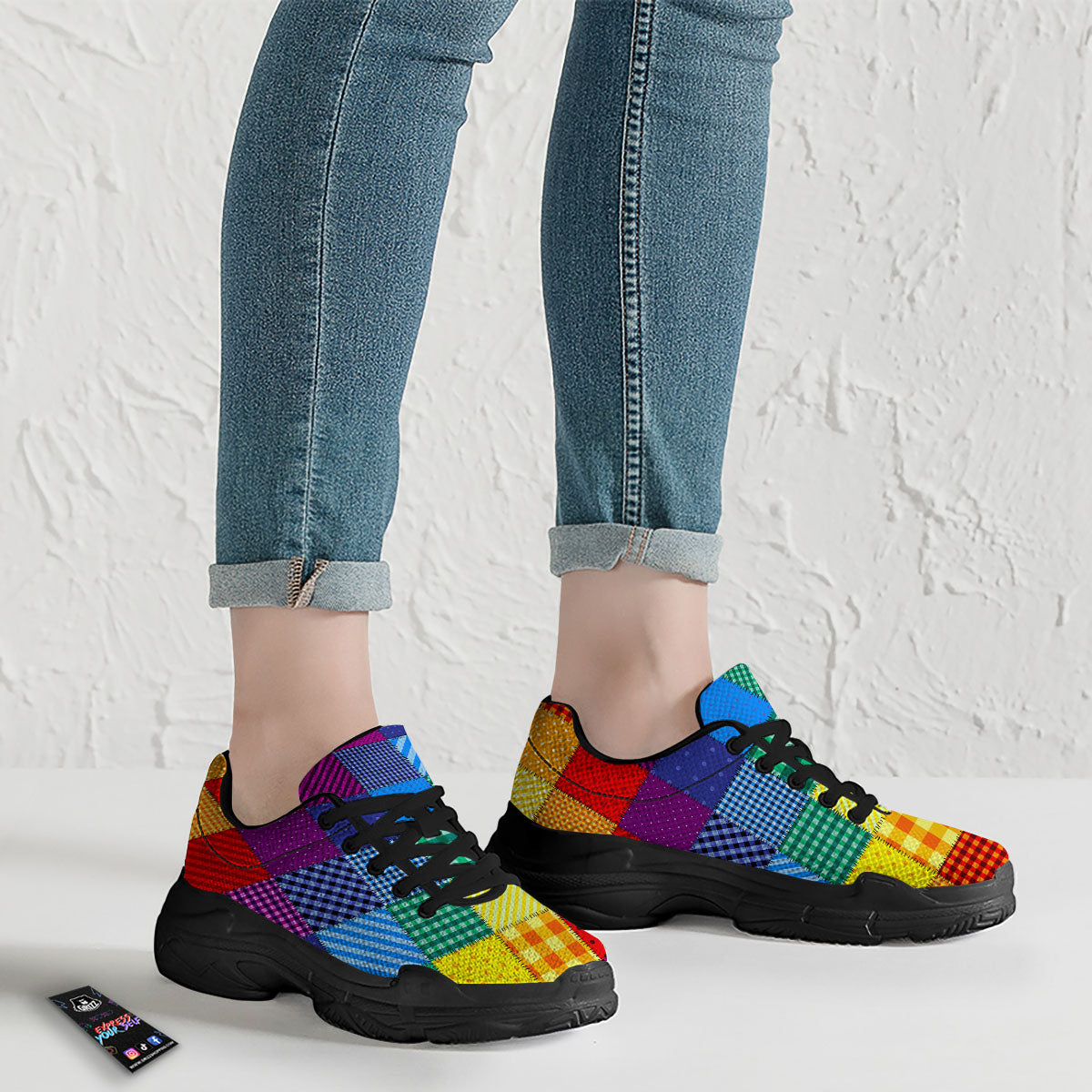 Patchwork Rainbow Print Pattern Black Chunky Shoes-grizzshop