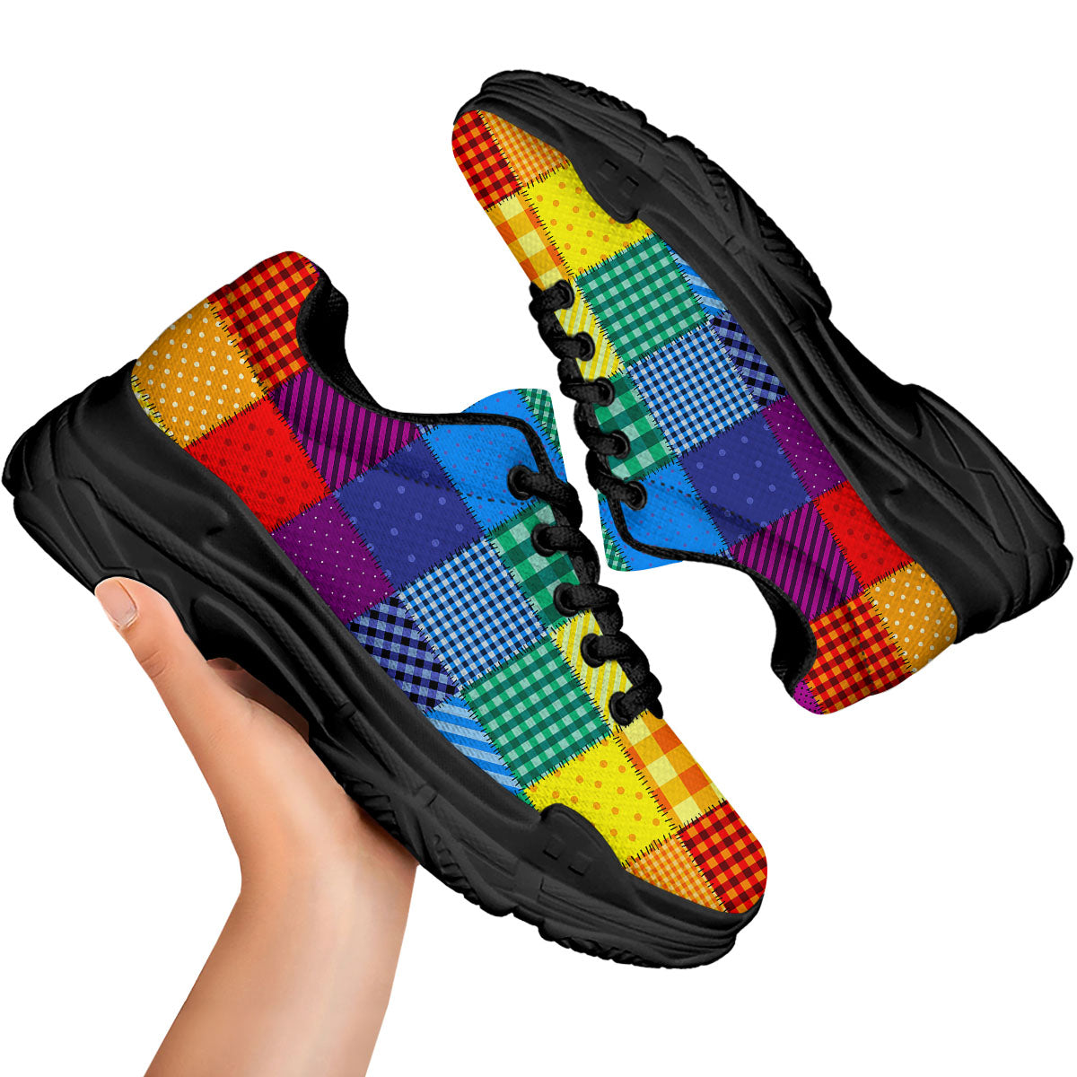 Patchwork Rainbow Print Pattern Black Chunky Shoes-grizzshop