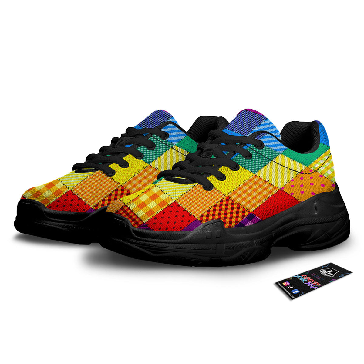 Patchwork Rainbow Print Pattern Black Chunky Shoes-grizzshop