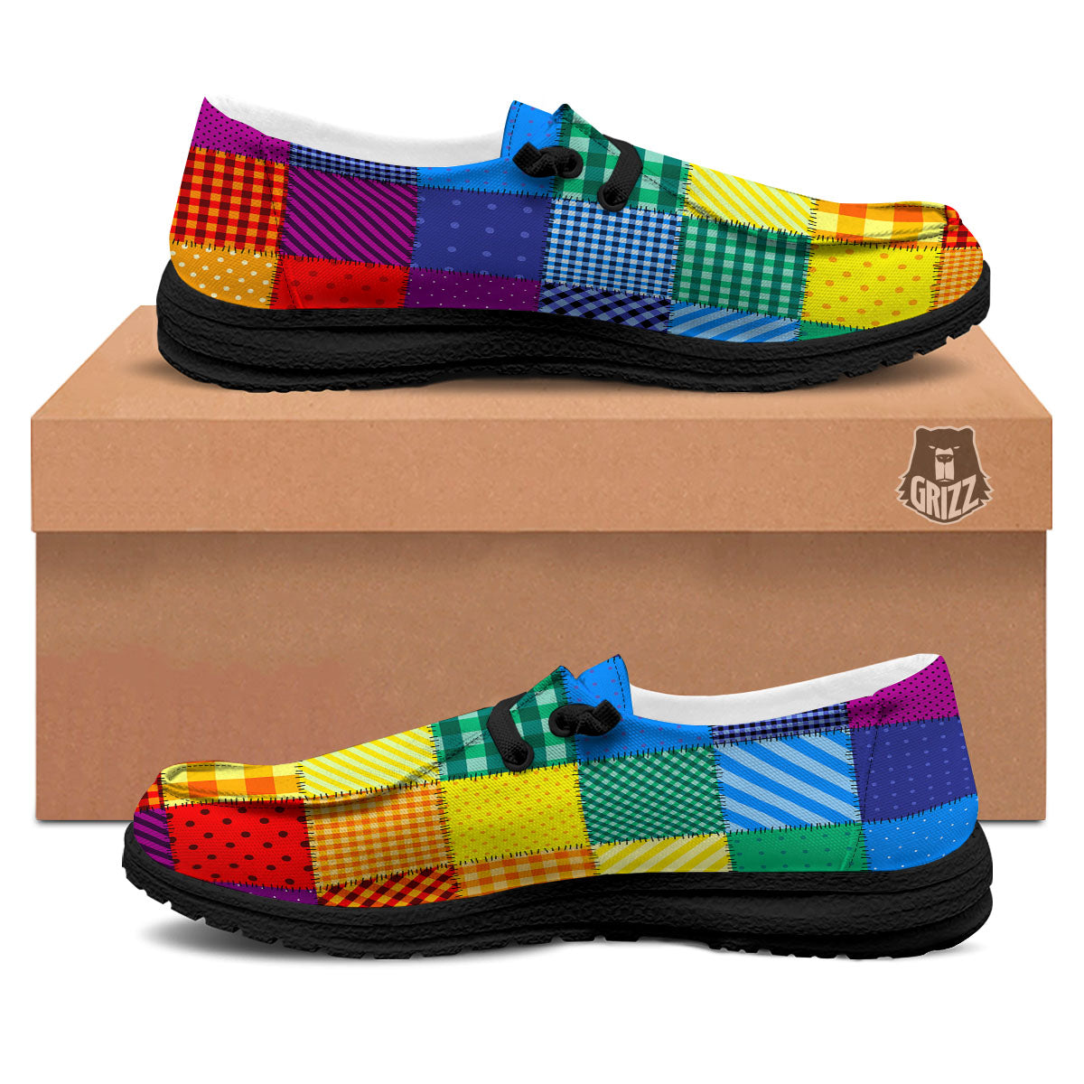 Patchwork Rainbow Print Pattern Black Loafers-grizzshop