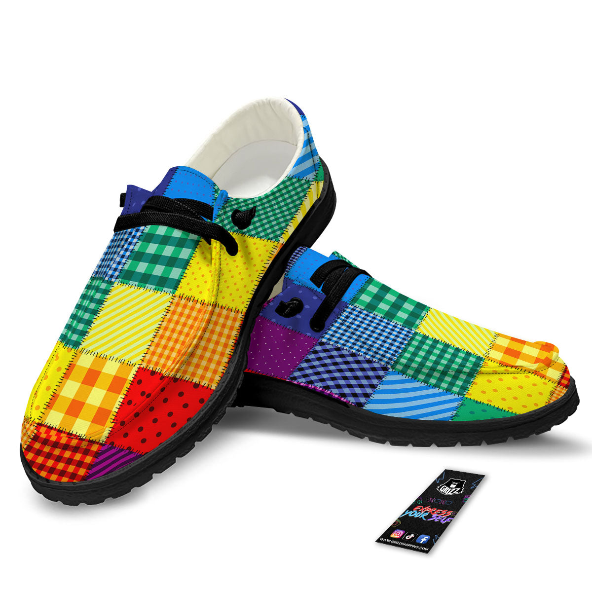 Patchwork Rainbow Print Pattern Black Loafers-grizzshop