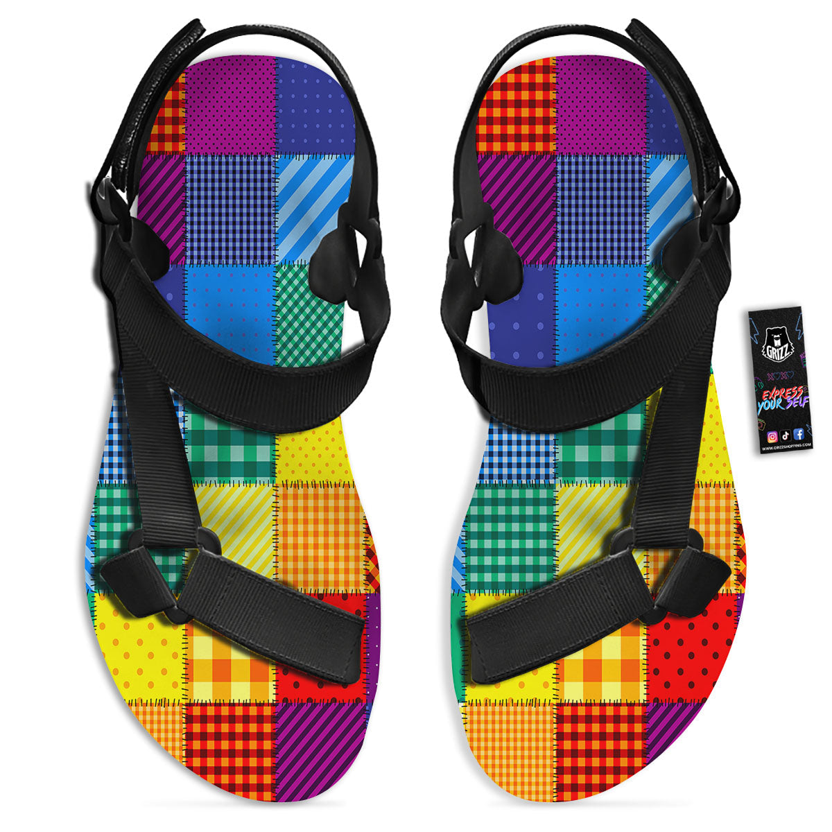Patchwork Rainbow Print Pattern Black Open Toe Sandals-grizzshop