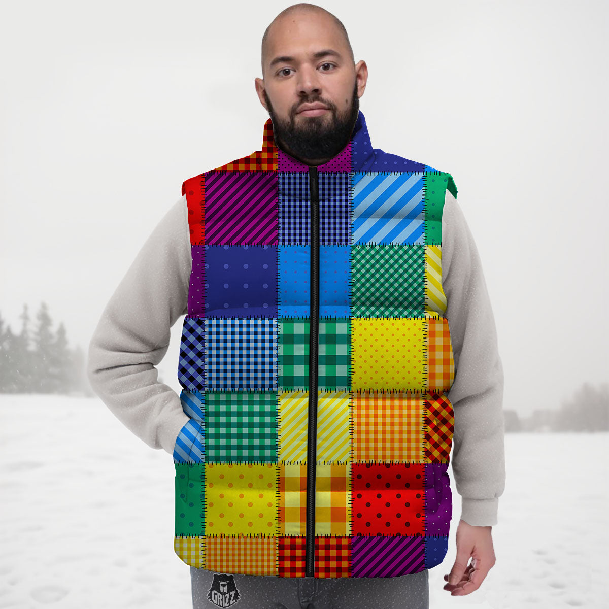 Patchwork Rainbow Print Pattern Down Vest