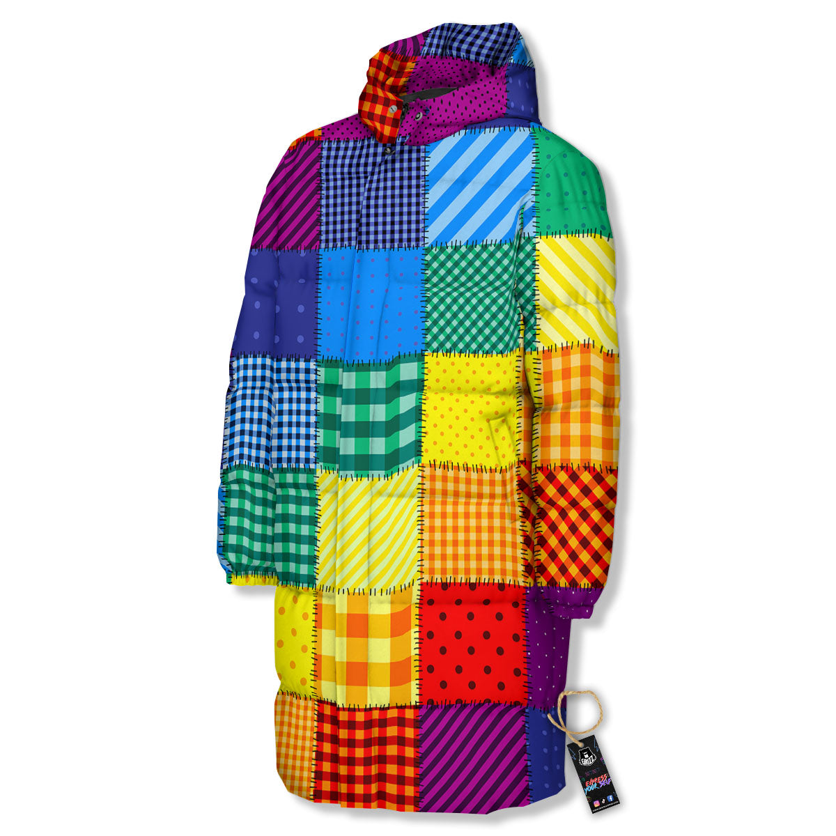 Patchwork Rainbow Print Pattern Long Down Jacket-grizzshop