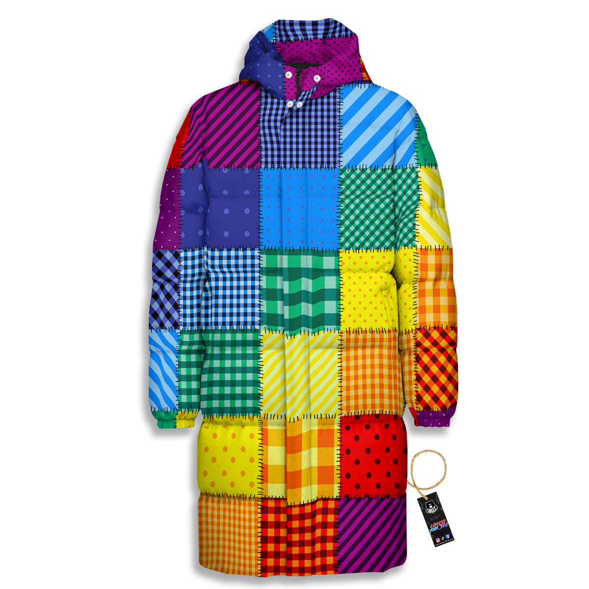 Patchwork Rainbow Print Pattern Long Down Jacket-grizzshop