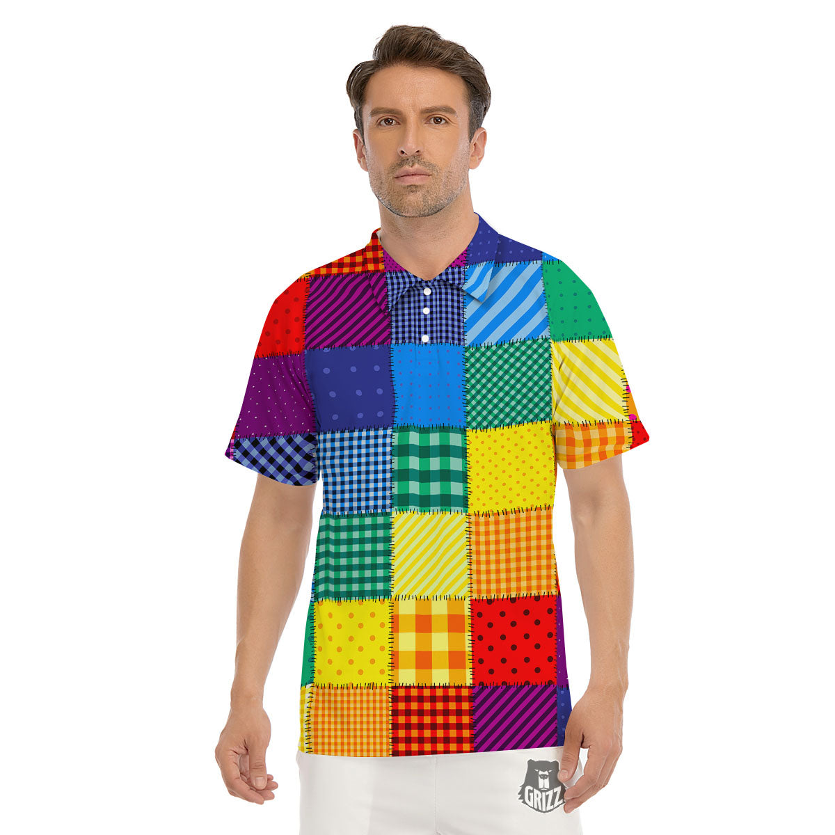 Patchwork Rainbow Print Pattern Men's Golf Shirts-grizzshop