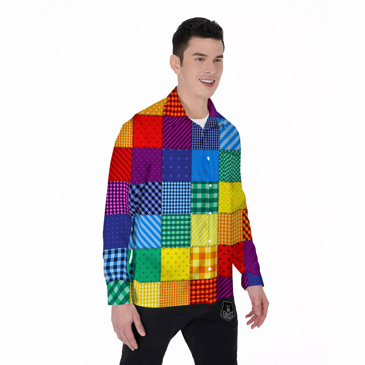 Patchwork Rainbow Print Pattern Men's Long Sleeve Shirts-grizzshop
