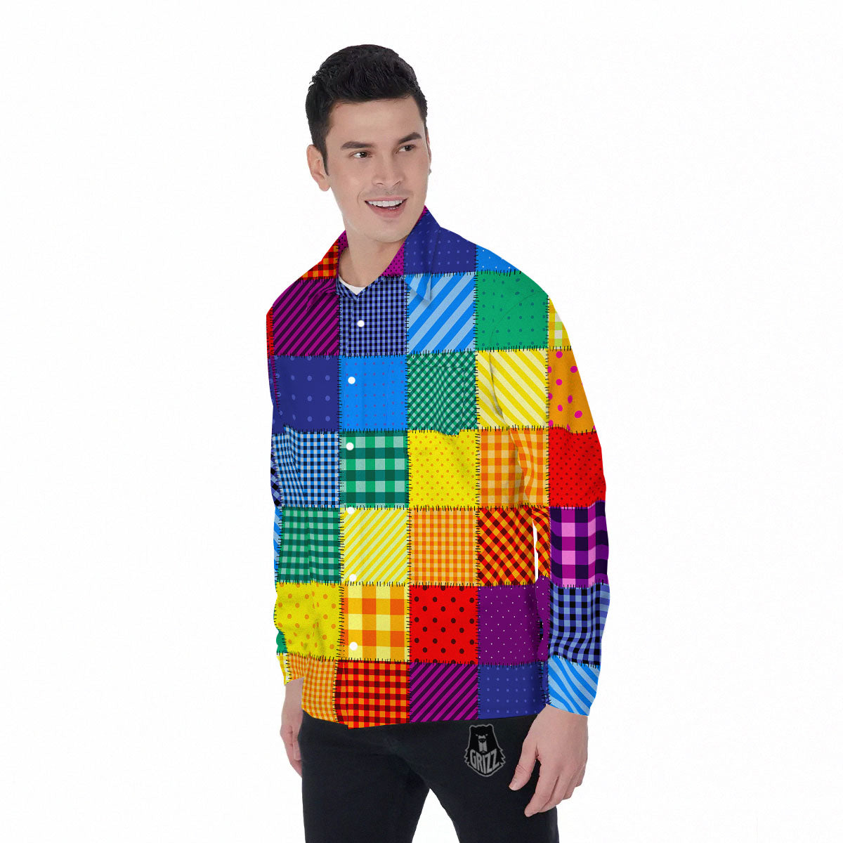 Patchwork Rainbow Print Pattern Men's Long Sleeve Shirts-grizzshop