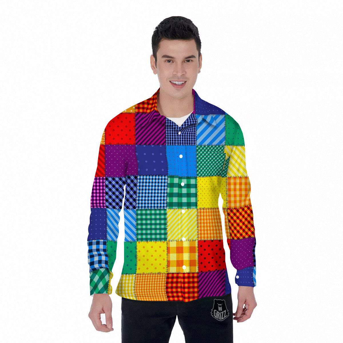 Patchwork Rainbow Print Pattern Men's Long Sleeve Shirts-grizzshop