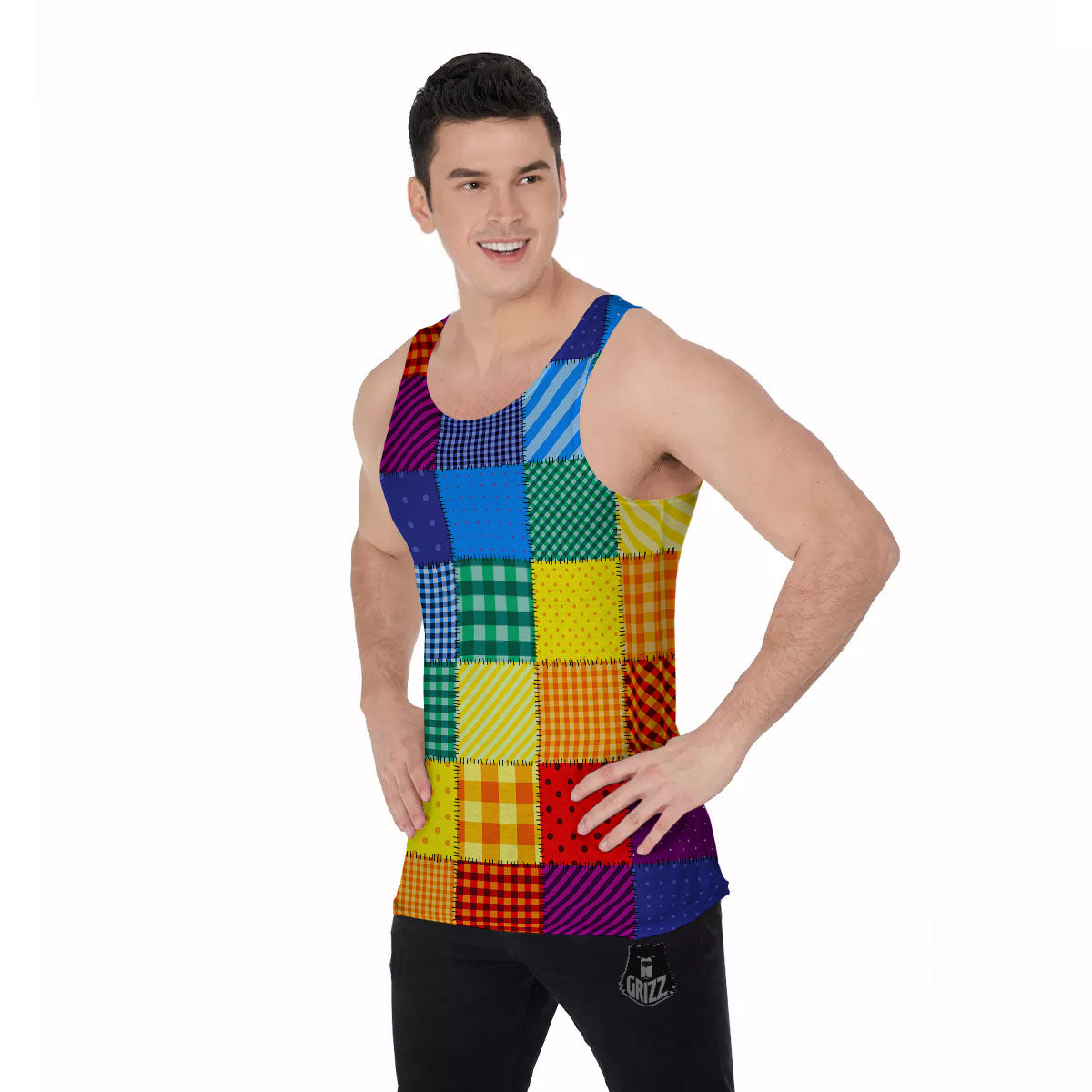 Patchwork Rainbow Print Pattern Men's Tank Top-grizzshop