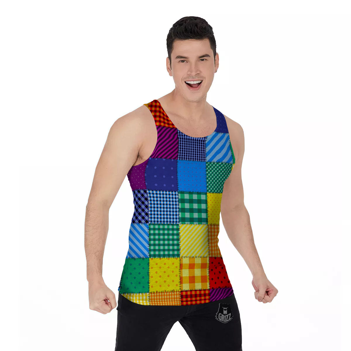 Patchwork Rainbow Print Pattern Men's Tank Top-grizzshop