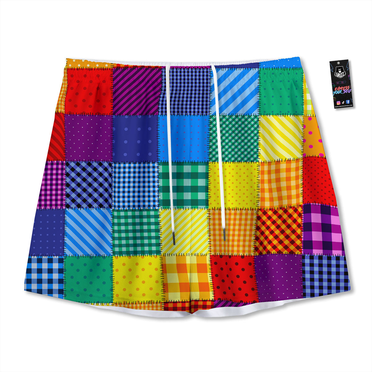 Patchwork Rainbow Print Pattern Mesh Shorts
