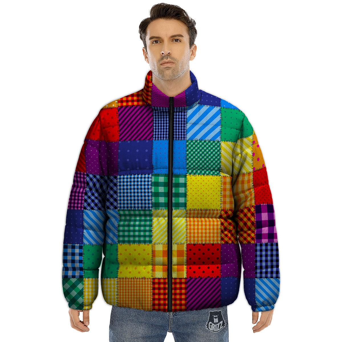 Patchwork Rainbow Print Pattern Puffer Jacket-grizzshop