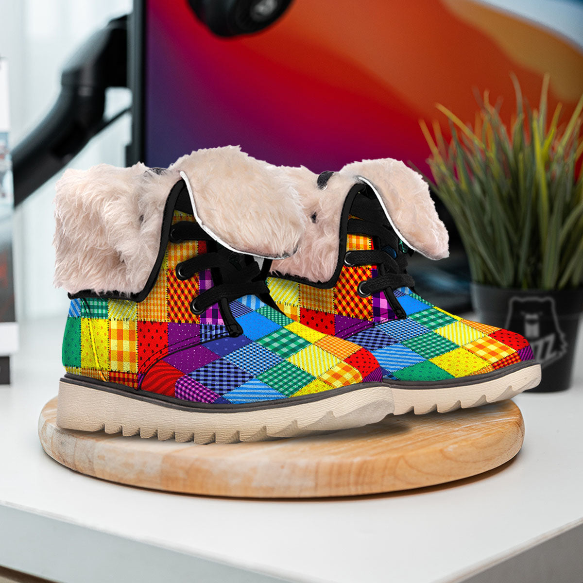 Patchwork Rainbow Print Pattern Snow Boots-grizzshop