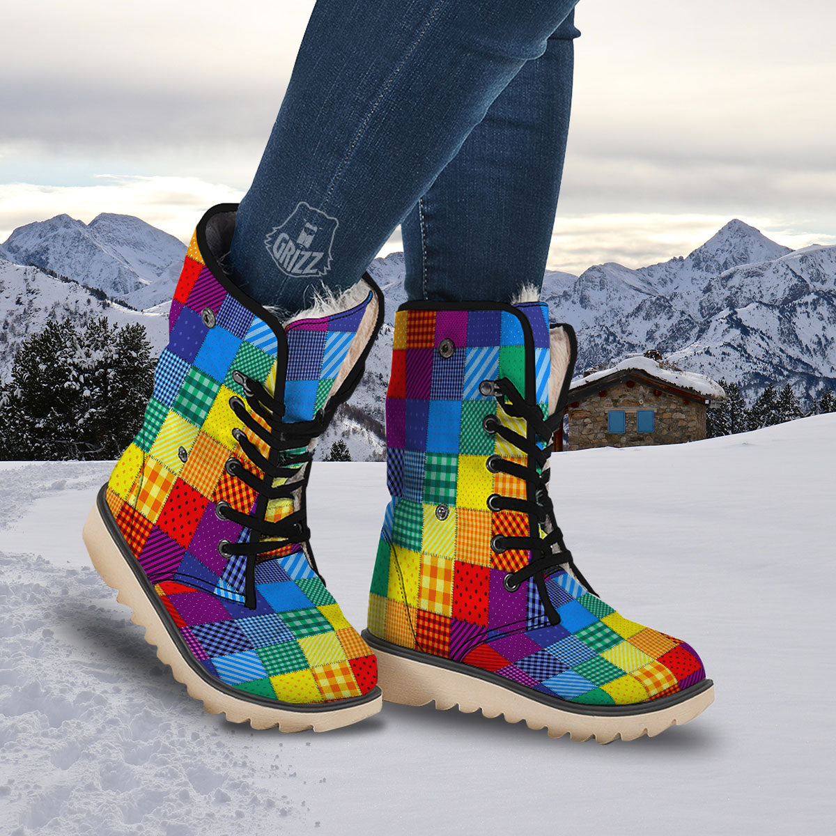 Patchwork Rainbow Print Pattern Snow Boots-grizzshop