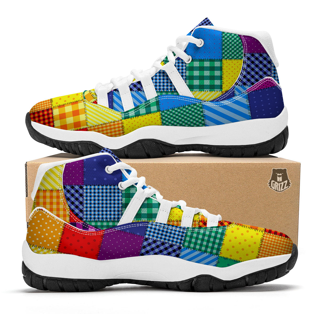 Patchwork Rainbow Print Pattern White Bball Shoes-grizzshop