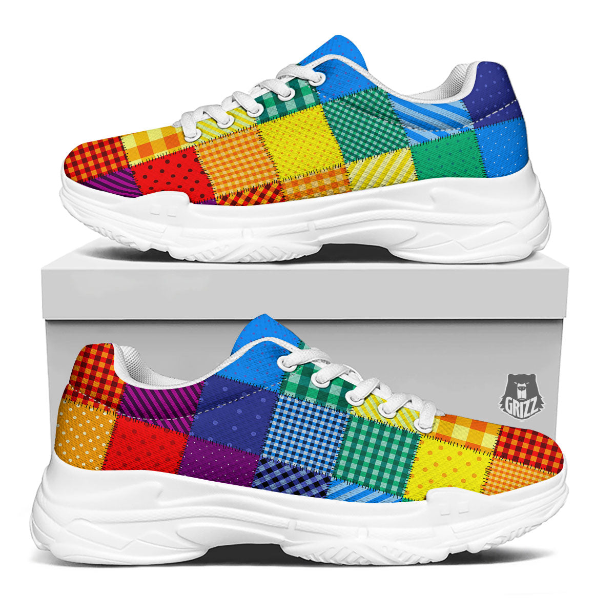 Patchwork Rainbow Print Pattern White Chunky Shoes-grizzshop