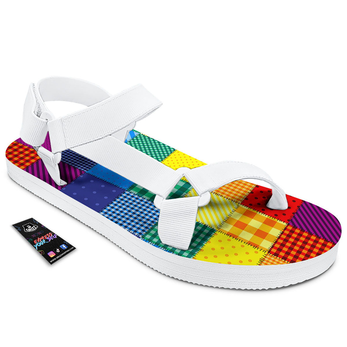 Patchwork Rainbow Print Pattern White Open Toe Sandals-grizzshop