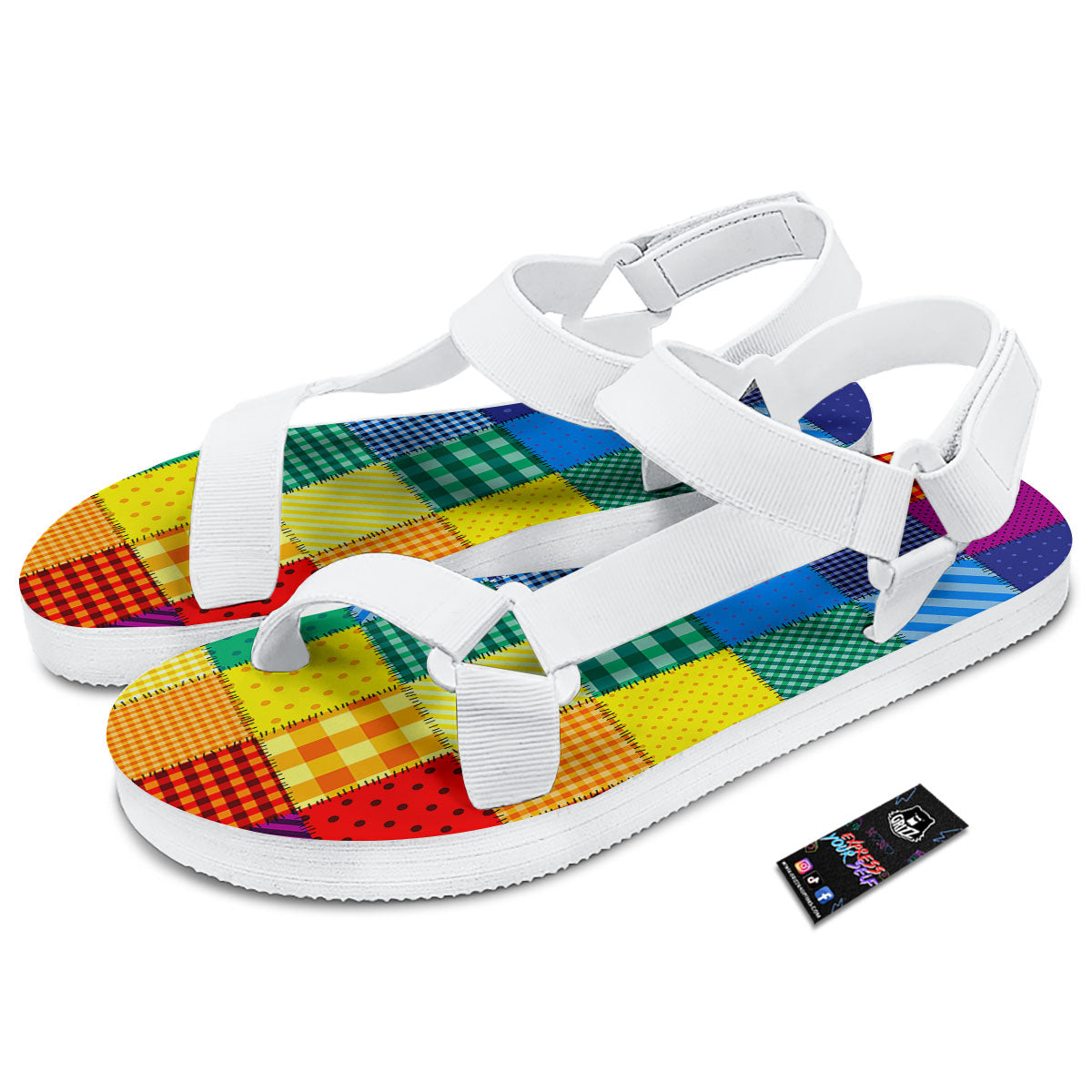 Patchwork Rainbow Print Pattern White Open Toe Sandals-grizzshop