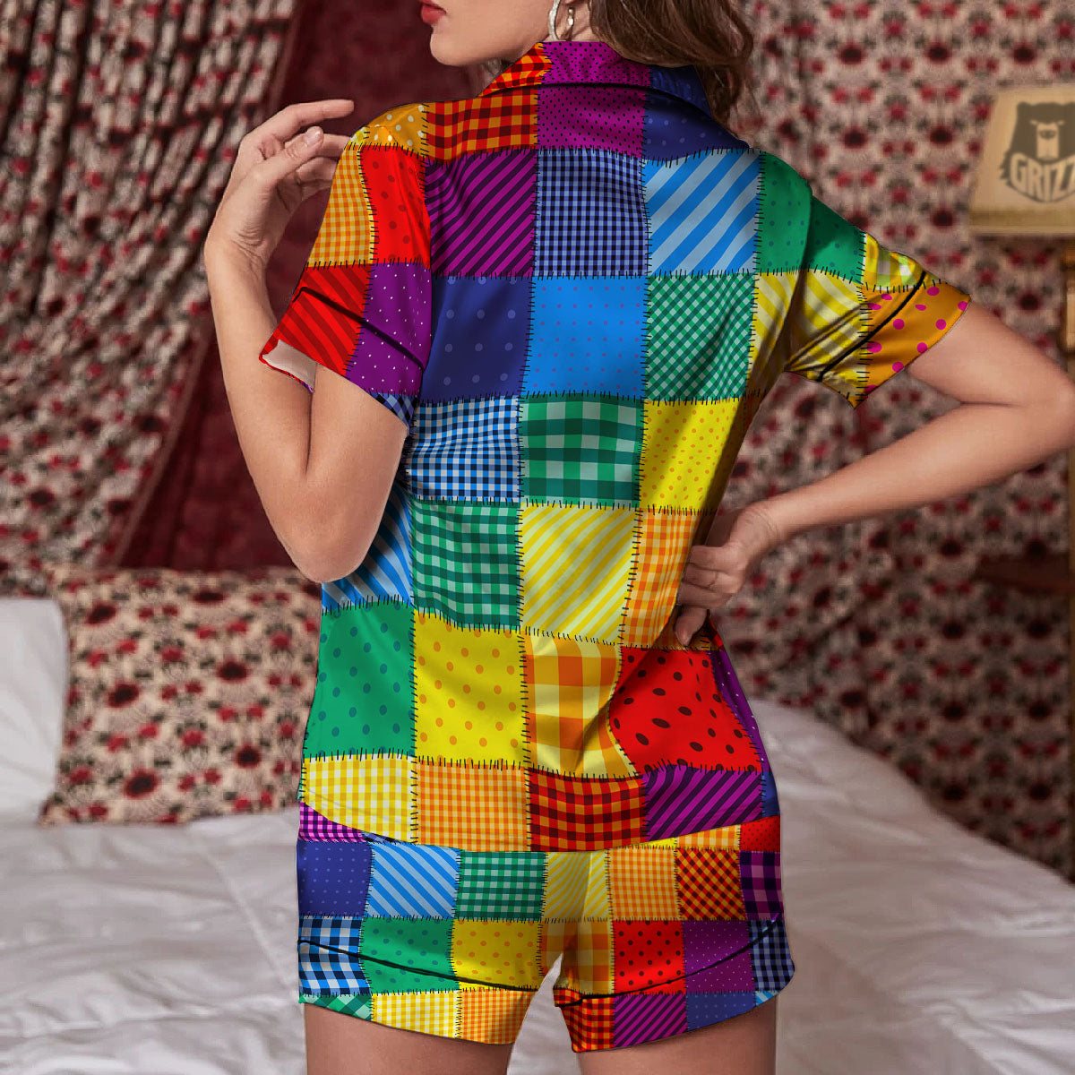 Patchwork Rainbow Print Pattern Women Silk Pajamas-grizzshop