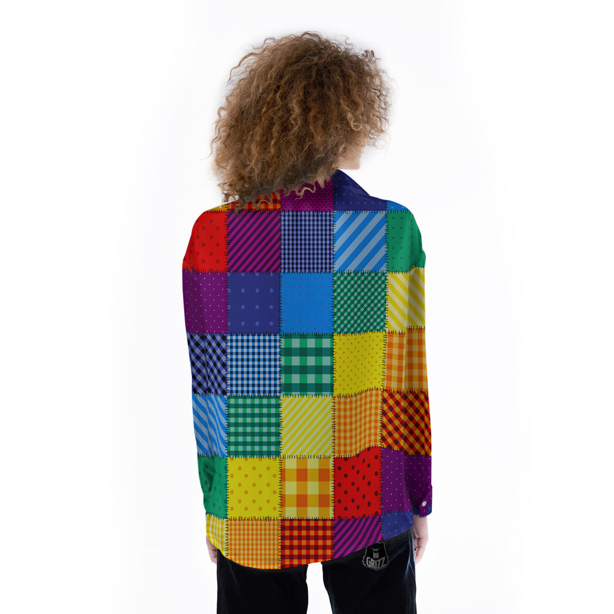 Patchwork Rainbow Print Pattern Women's Long Sleeve Shirts-grizzshop