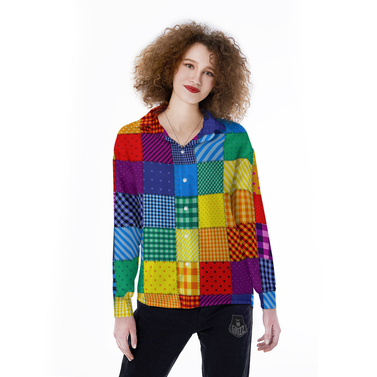 Patchwork Rainbow Print Pattern Women's Long Sleeve Shirts-grizzshop
