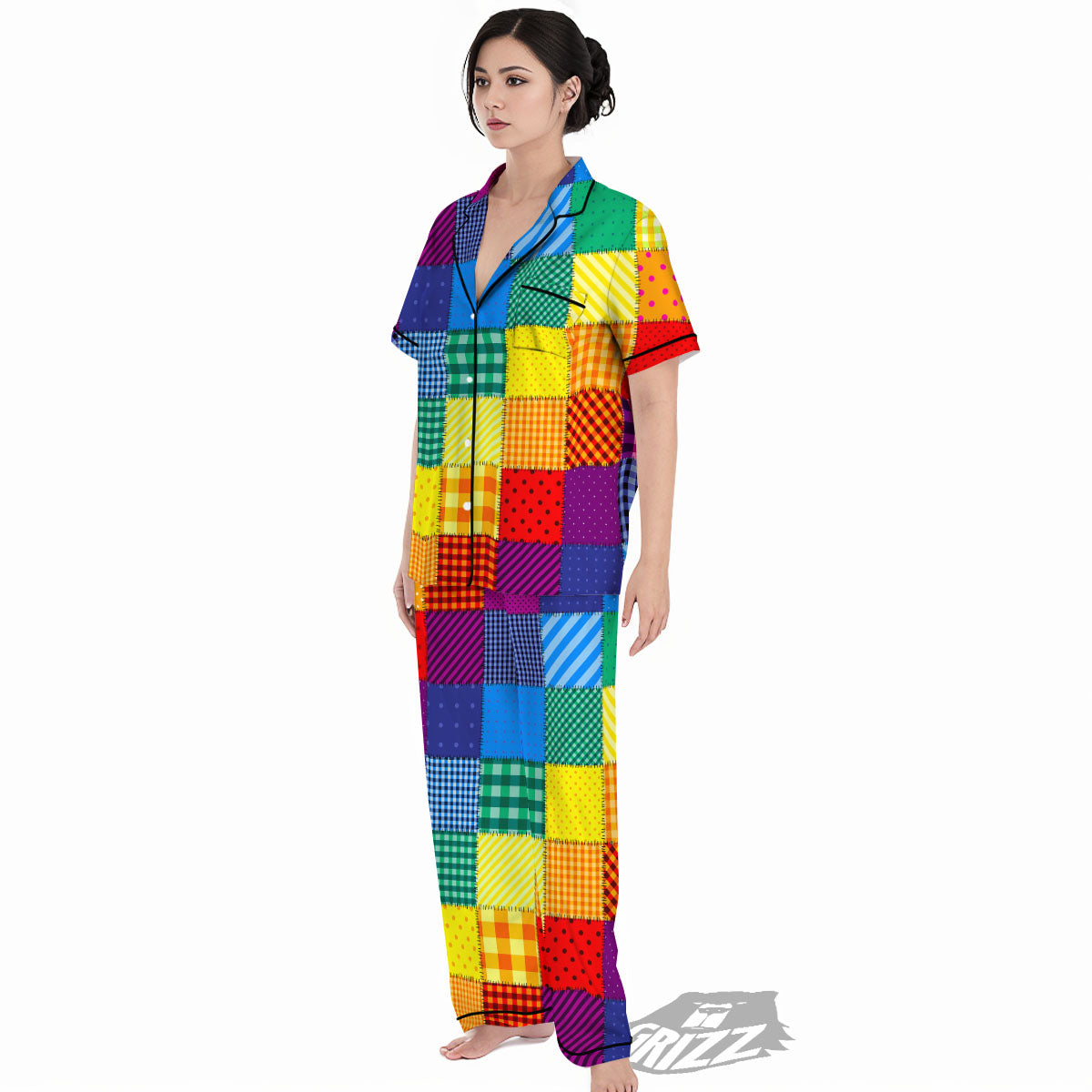 Patchwork Rainbow Print Pattern Women's Pajamas Set-grizzshop