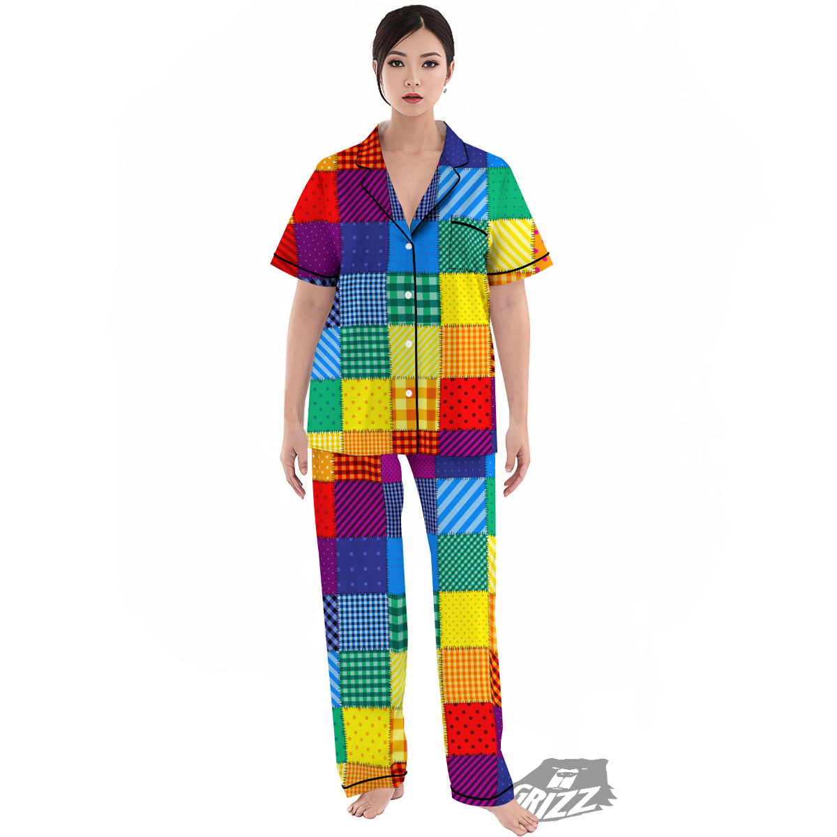 Patchwork Rainbow Print Pattern Women's Pajamas Set-grizzshop