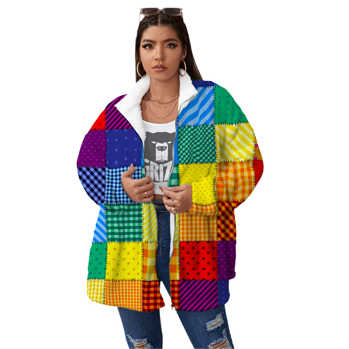 Patchwork Rainbow Print Pattern Women's Sherpa Jacket-grizzshop
