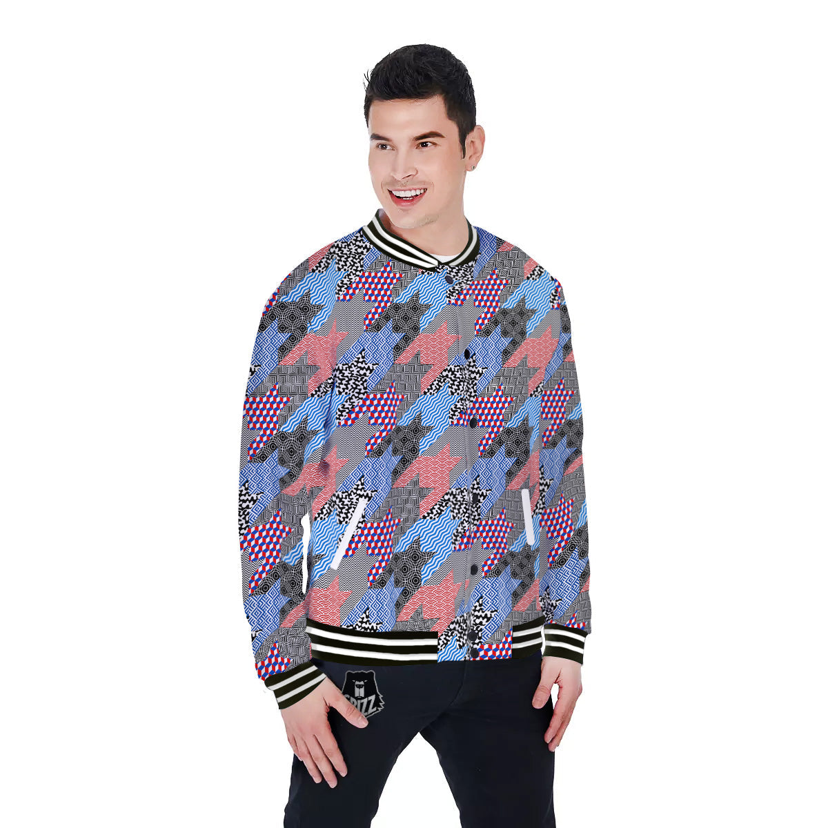 Patchwork Style And Classic Houndstooth Print Pattern Baseball Jacket-grizzshop
