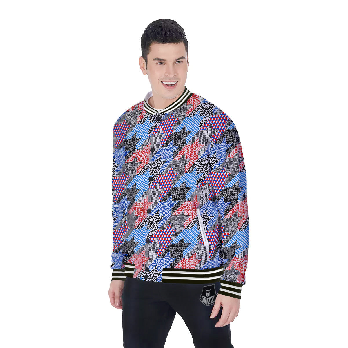 Patchwork Style And Classic Houndstooth Print Pattern Baseball Jacket-grizzshop
