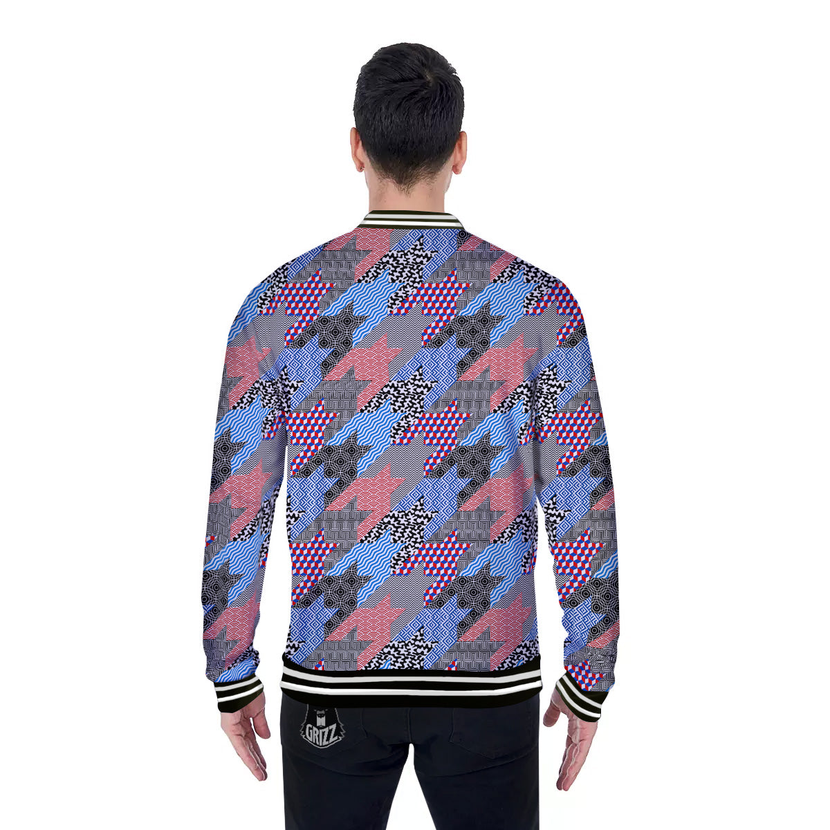 Patchwork Style And Classic Houndstooth Print Pattern Baseball Jacket-grizzshop