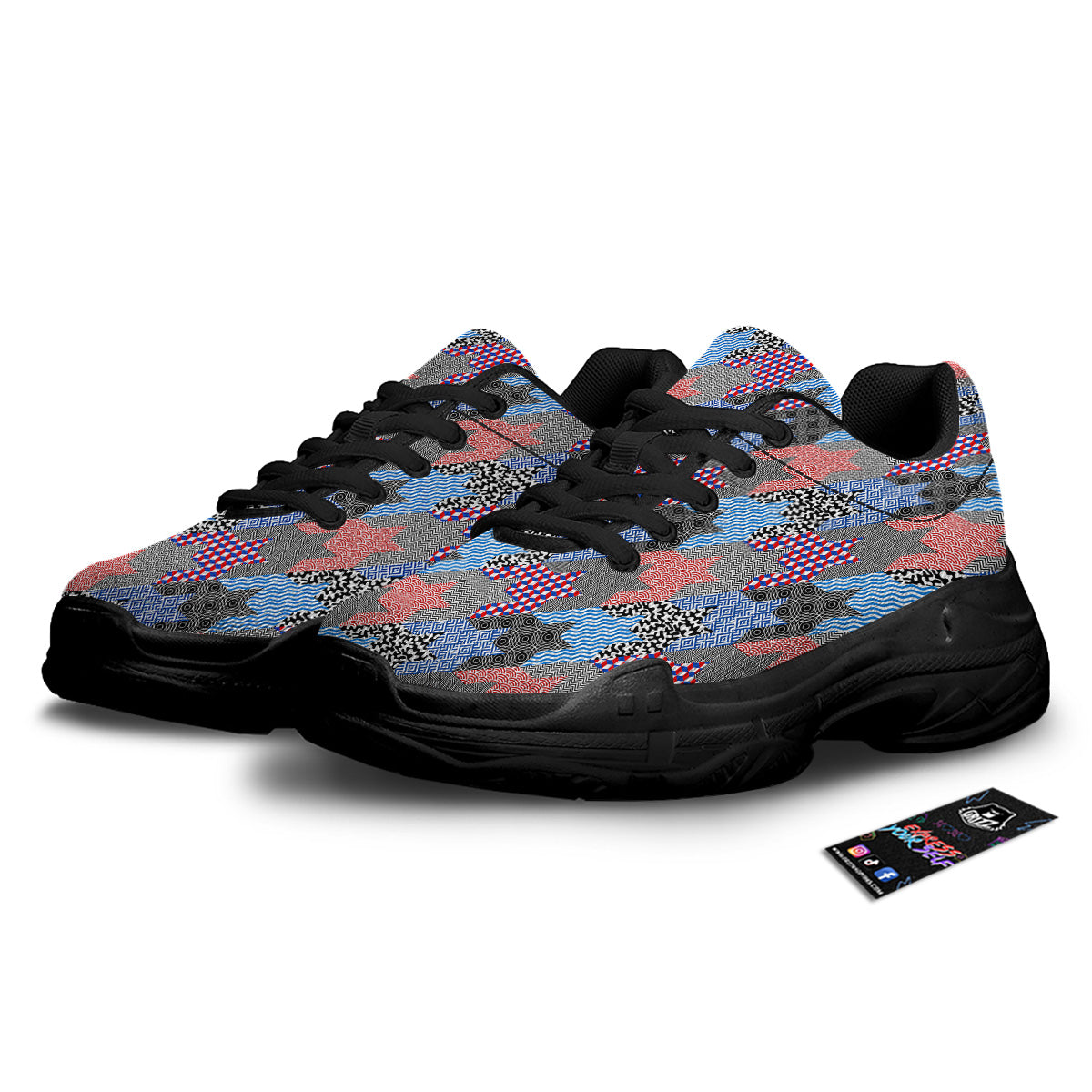 Patchwork Style And Classic Houndstooth Print Pattern Black Chunky Shoes-grizzshop