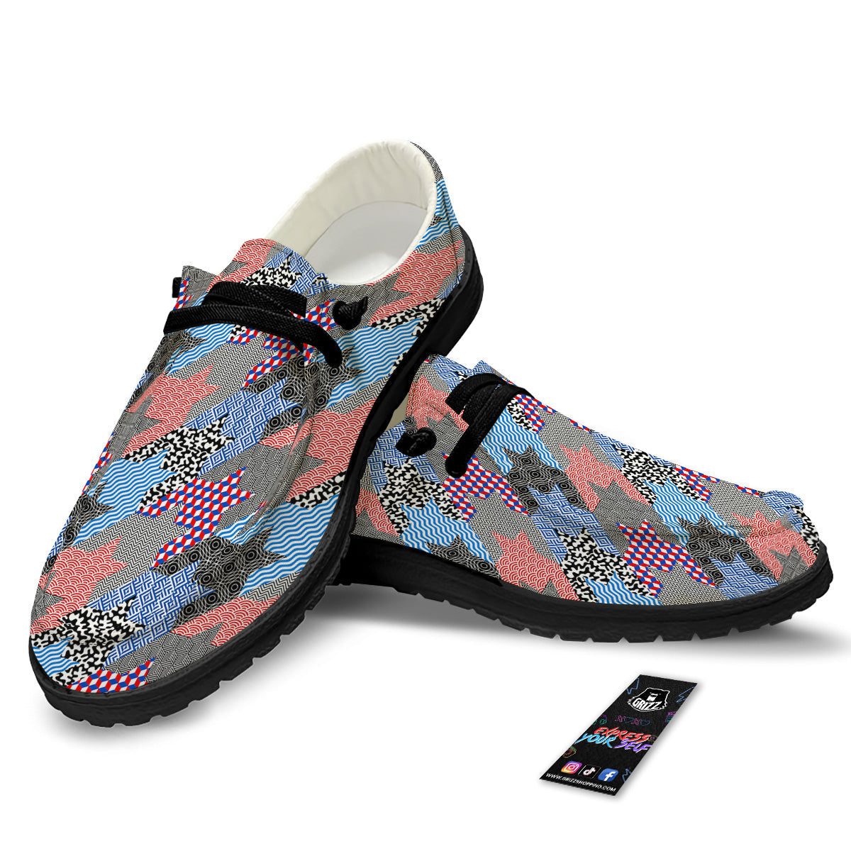 Patchwork Style And Classic Houndstooth Print Pattern Black Loafers-grizzshop