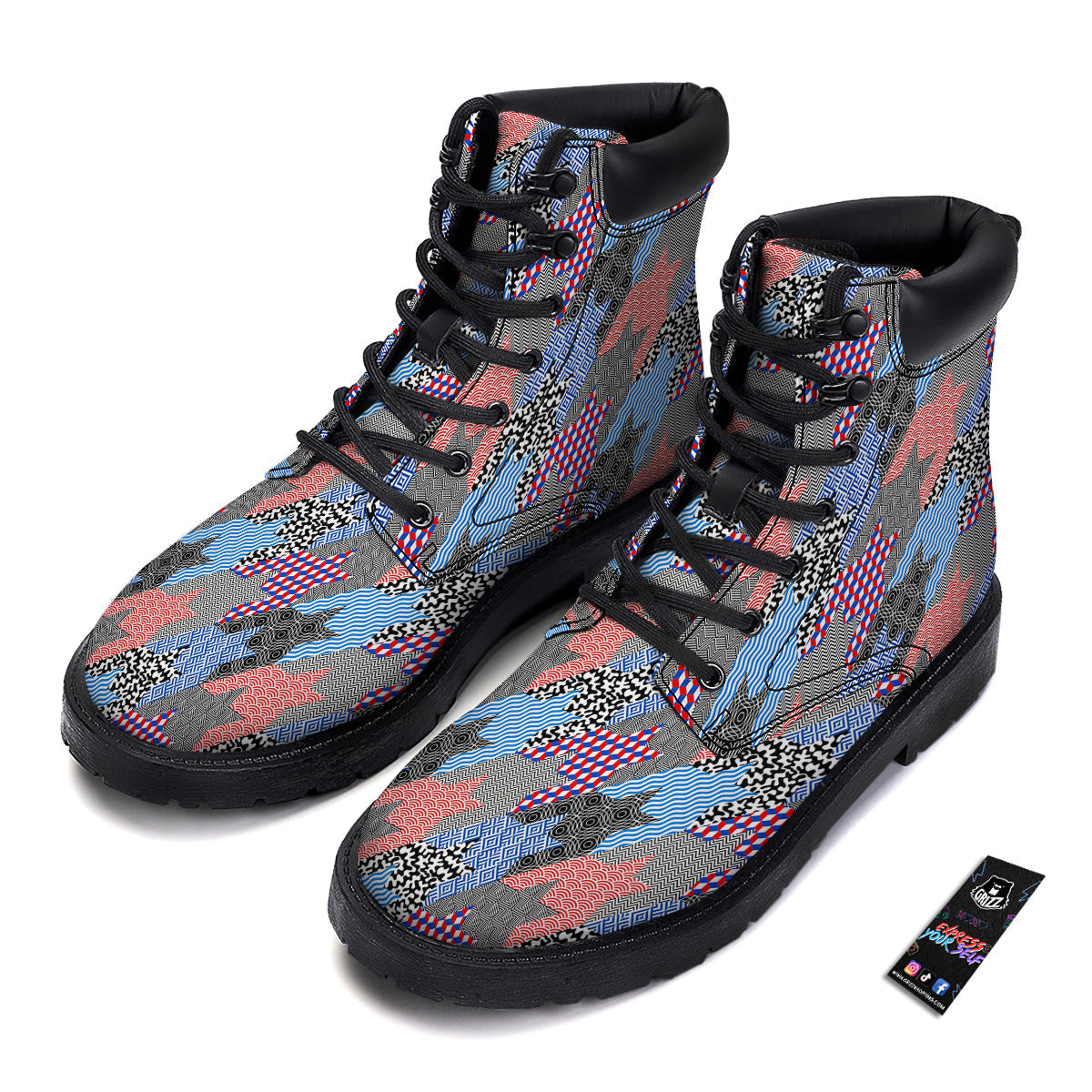 Patchwork Style And Classic Houndstooth Print Pattern Boots-grizzshop