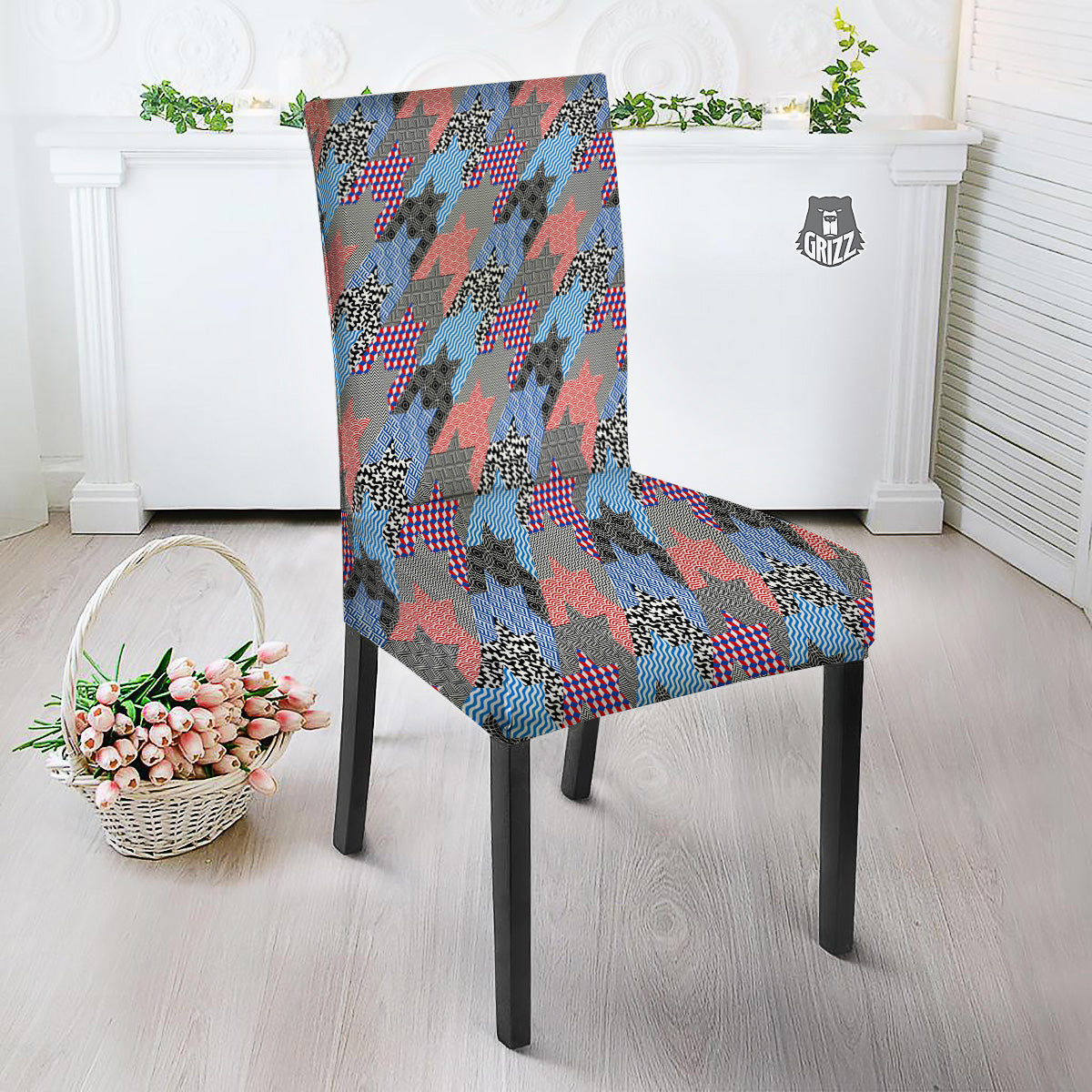Patchwork Style And Classic Houndstooth Print Pattern Dining Chair Slipcover-grizzshop