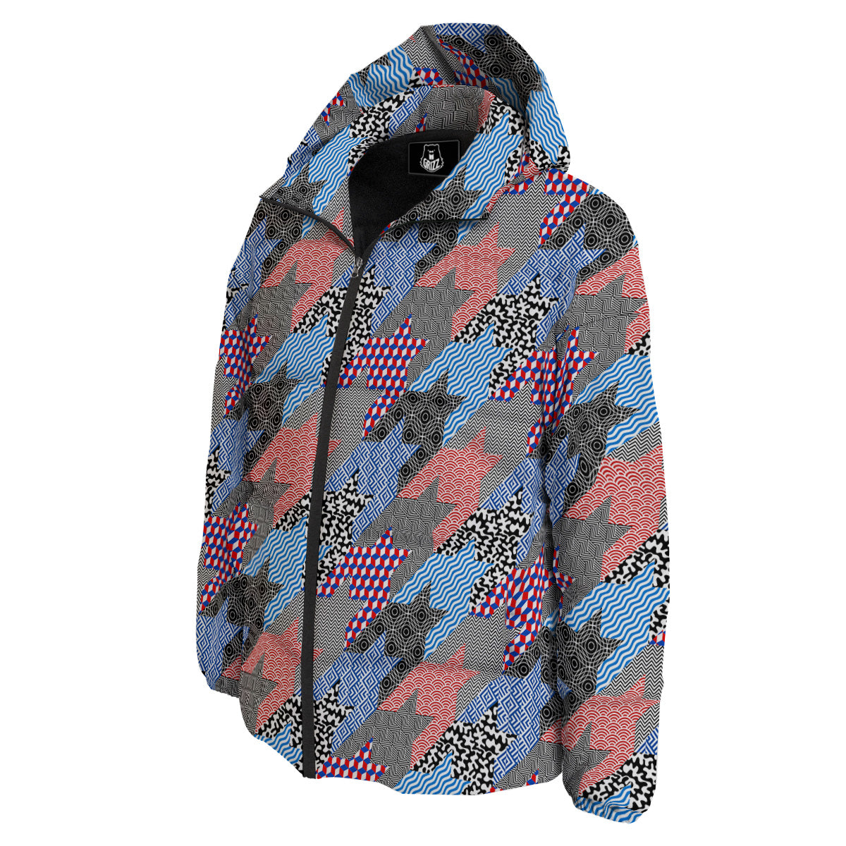 Patchwork Style And Classic Houndstooth Print Pattern Down Jacket-grizzshop