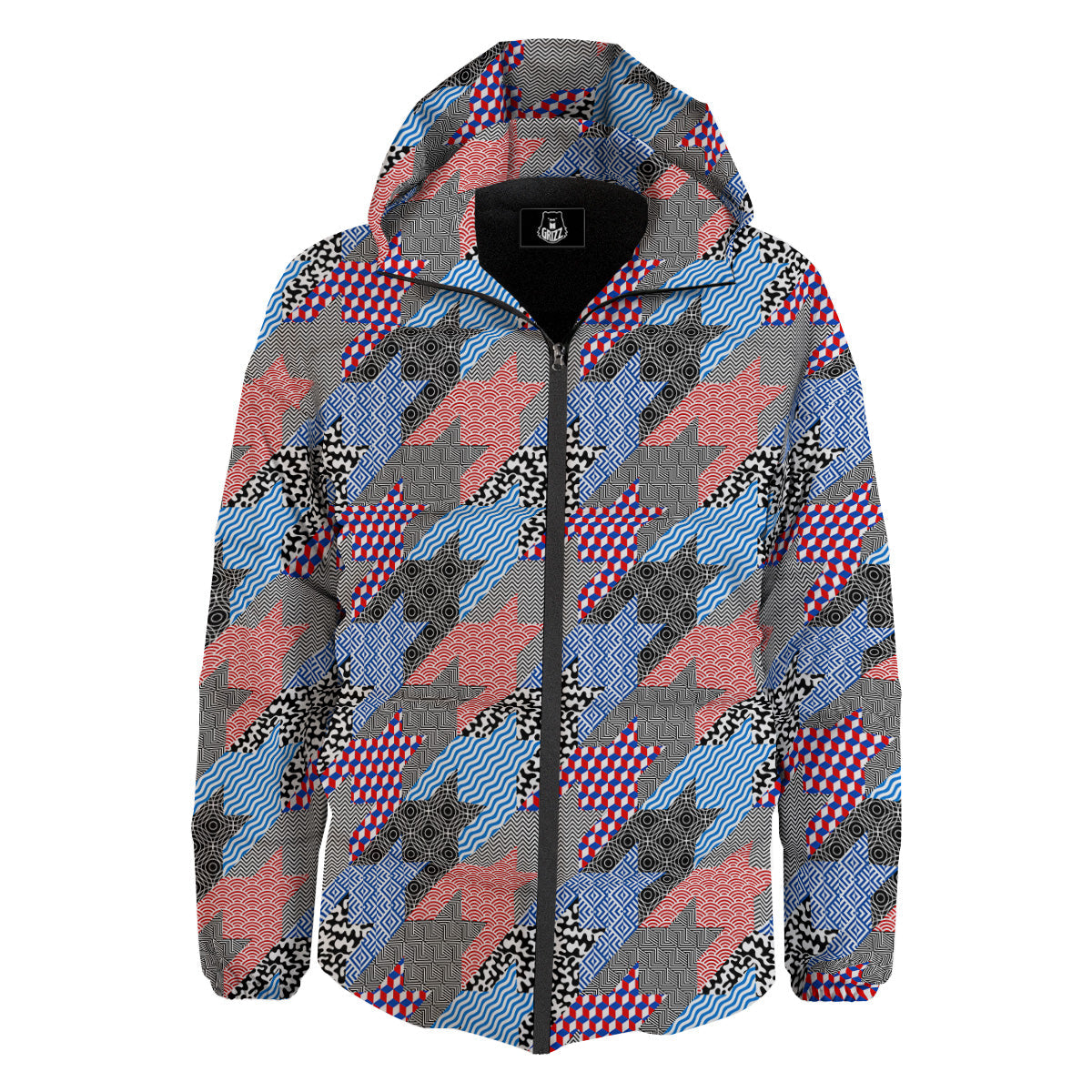 Patchwork Style And Classic Houndstooth Print Pattern Down Jacket-grizzshop
