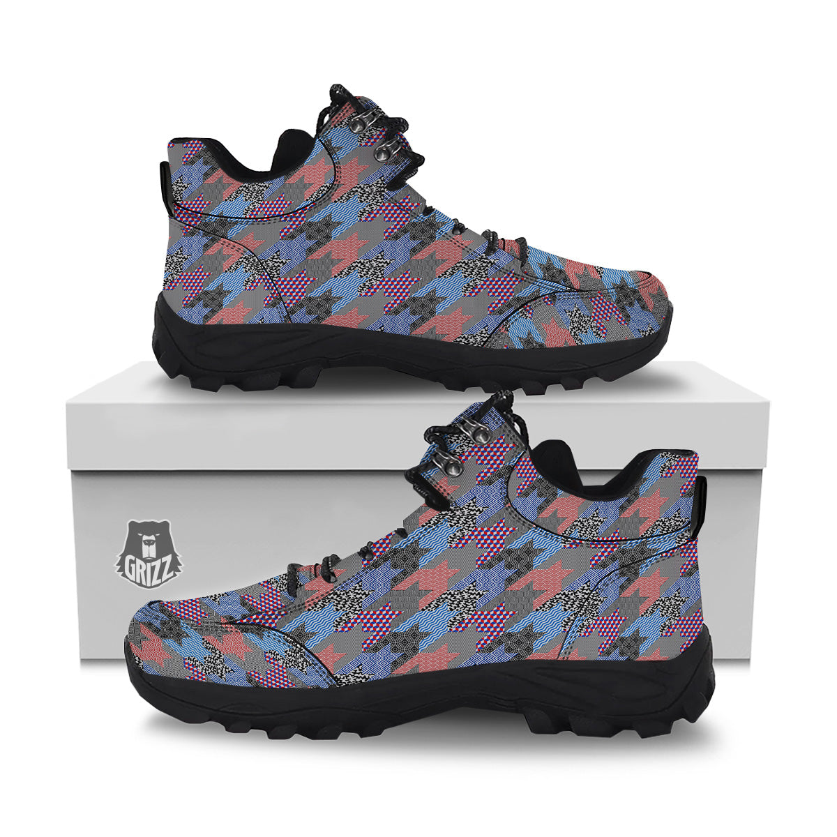 Patchwork Style And Classic Houndstooth Print Pattern Hiking Shoes-grizzshop