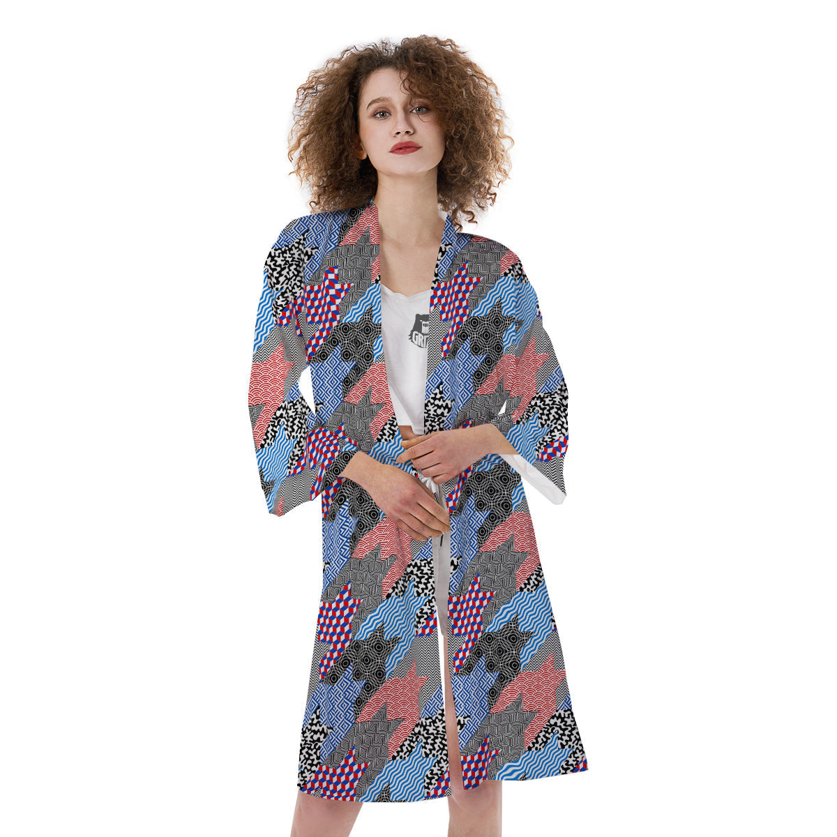Patchwork Style And Classic Houndstooth Print Pattern Kimono-grizzshop