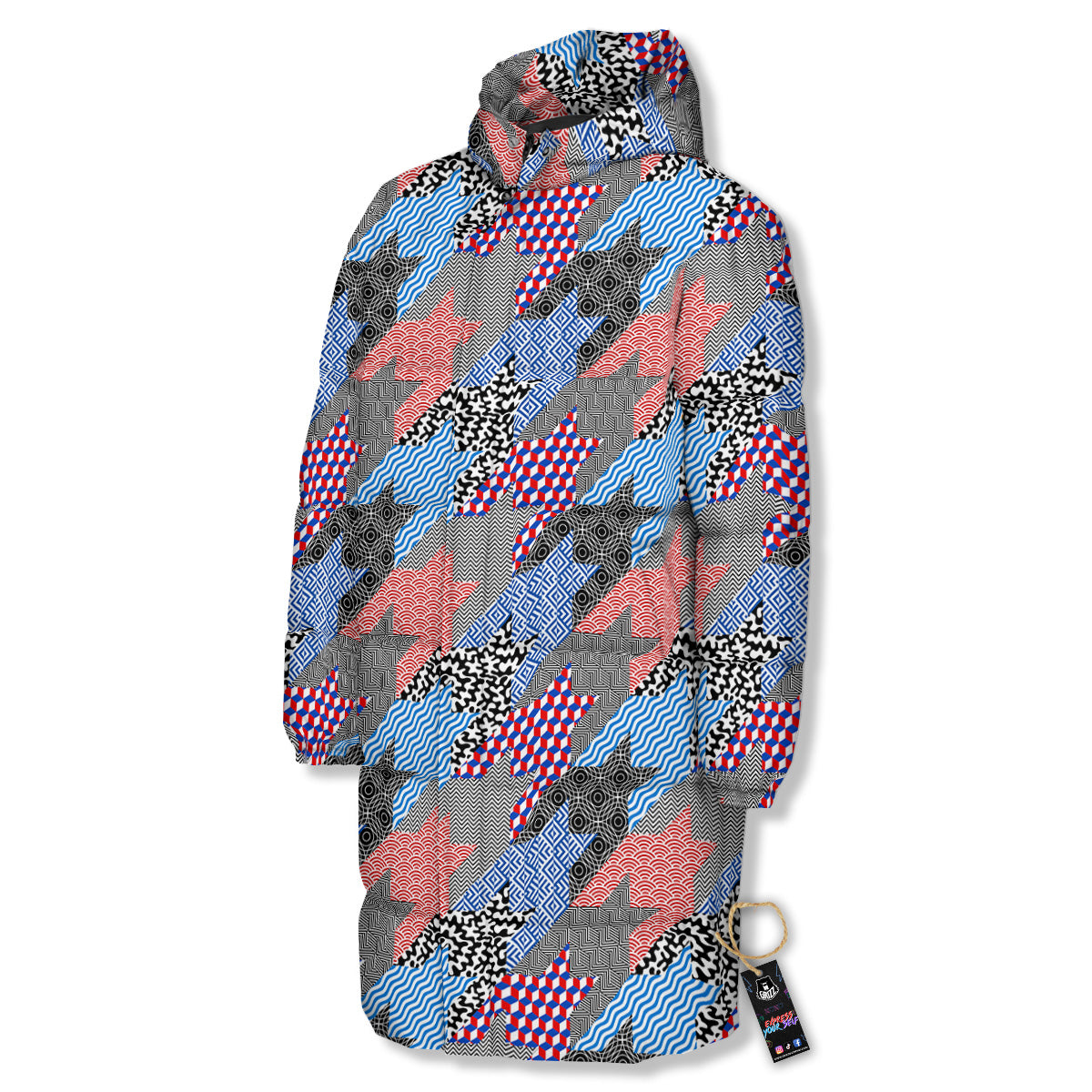 Patchwork Style And Classic Houndstooth Print Pattern Long Down Jacket-grizzshop