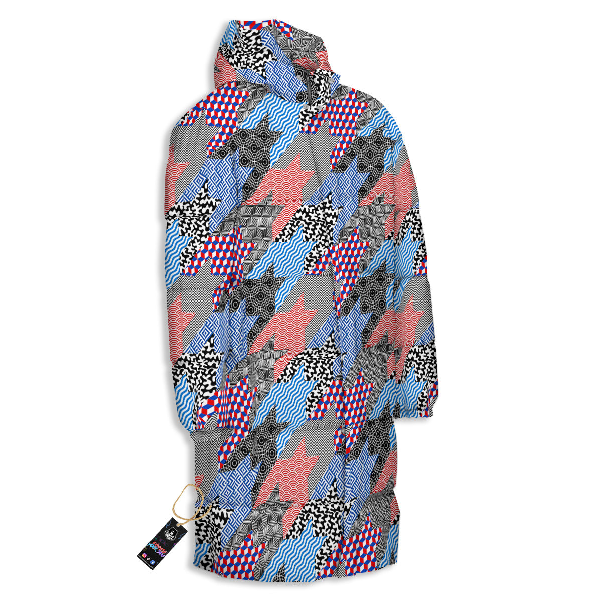 Patchwork Style And Classic Houndstooth Print Pattern Long Down Jacket-grizzshop