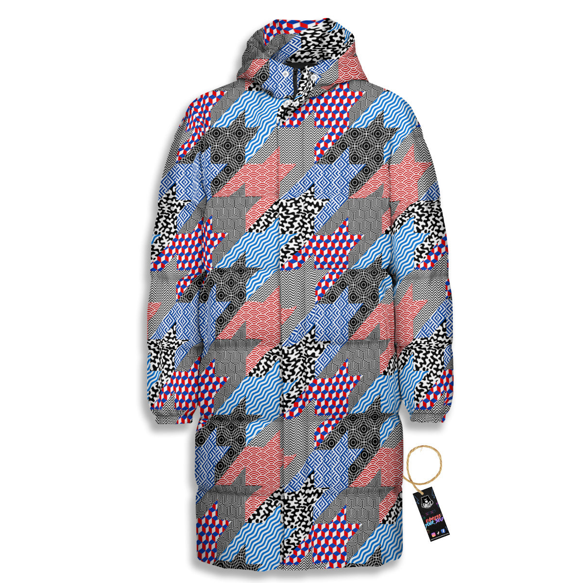 Patchwork Style And Classic Houndstooth Print Pattern Long Down Jacket-grizzshop