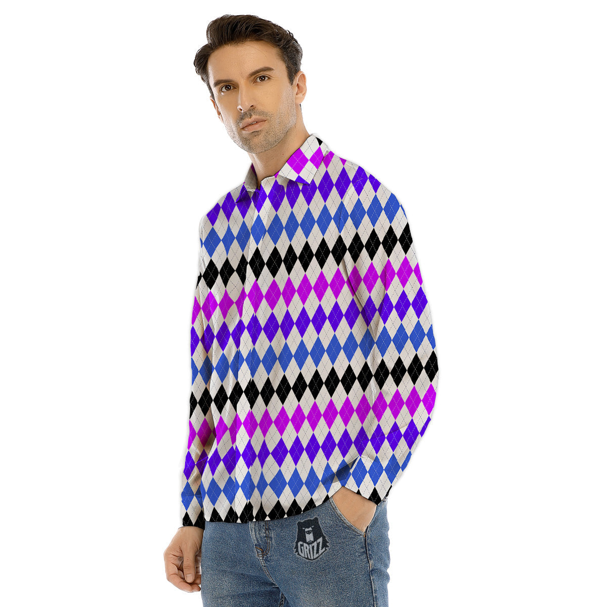 Patchwork Style And Classic Houndstooth Print Pattern Men's Dress Shirts-grizzshop