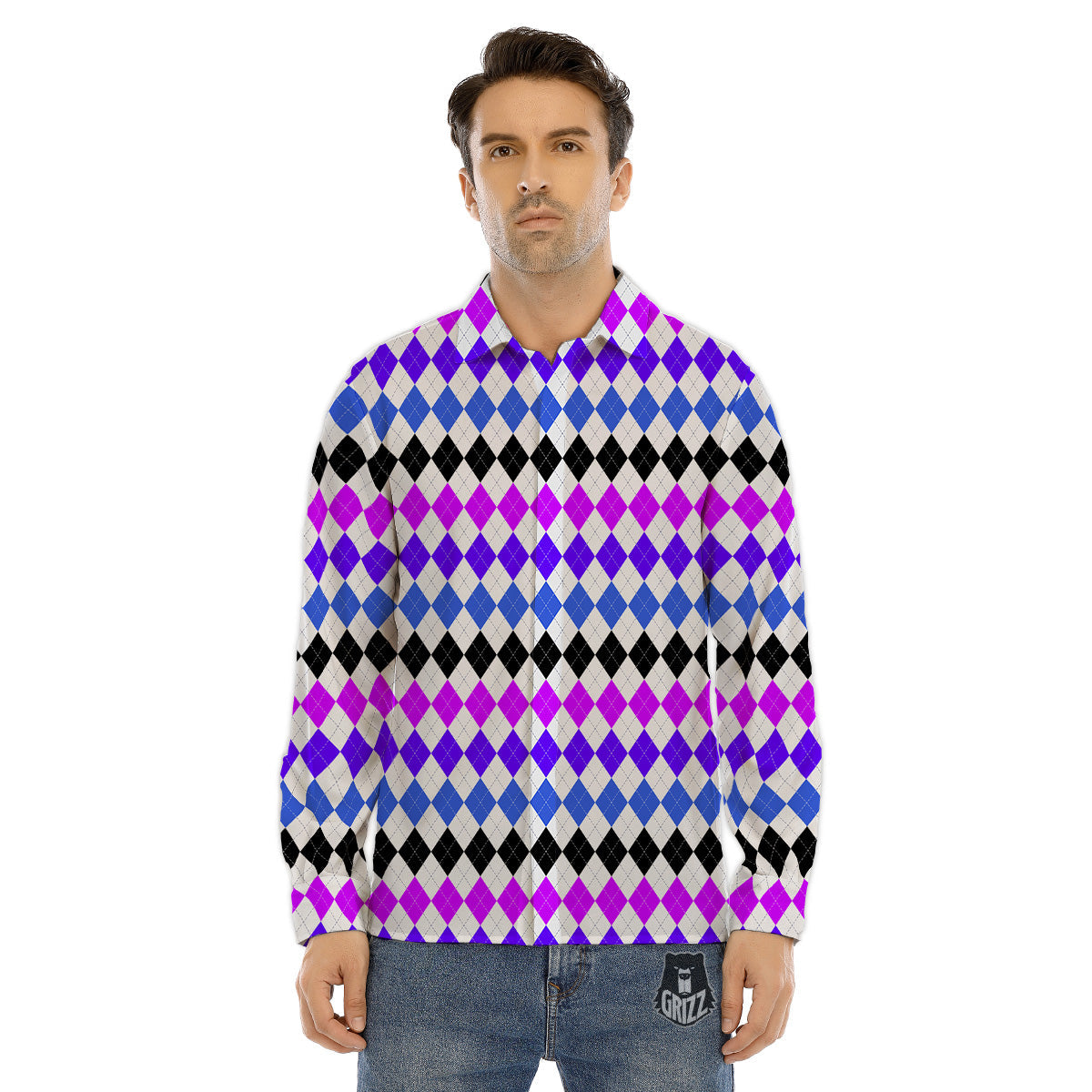 Patchwork Style And Classic Houndstooth Print Pattern Men's Dress Shirts-grizzshop